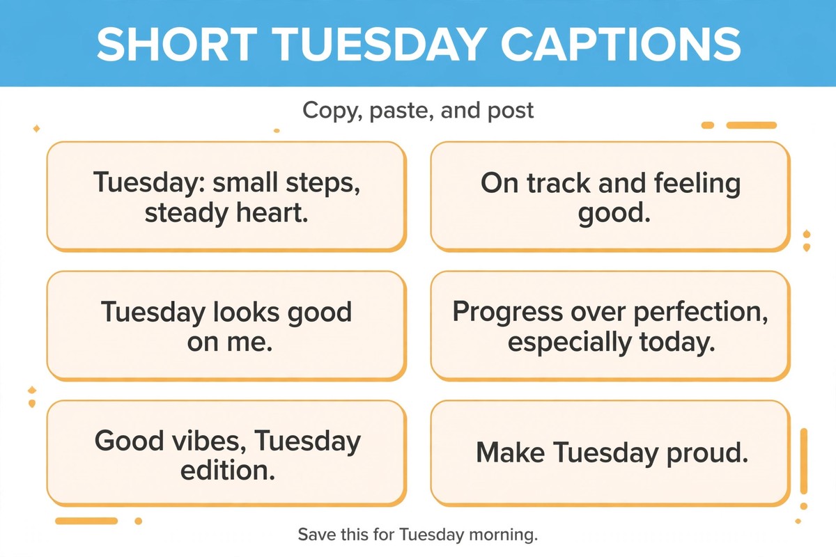 Short tuesday captions list with six copy-and-post positive tuesday quotes for photos and status updates