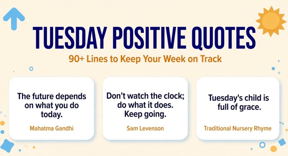 Tuesday positive quotes infographic with motivational lines by Mahatma Gandhi, Sam Levenson and a traditional nursery rhyme