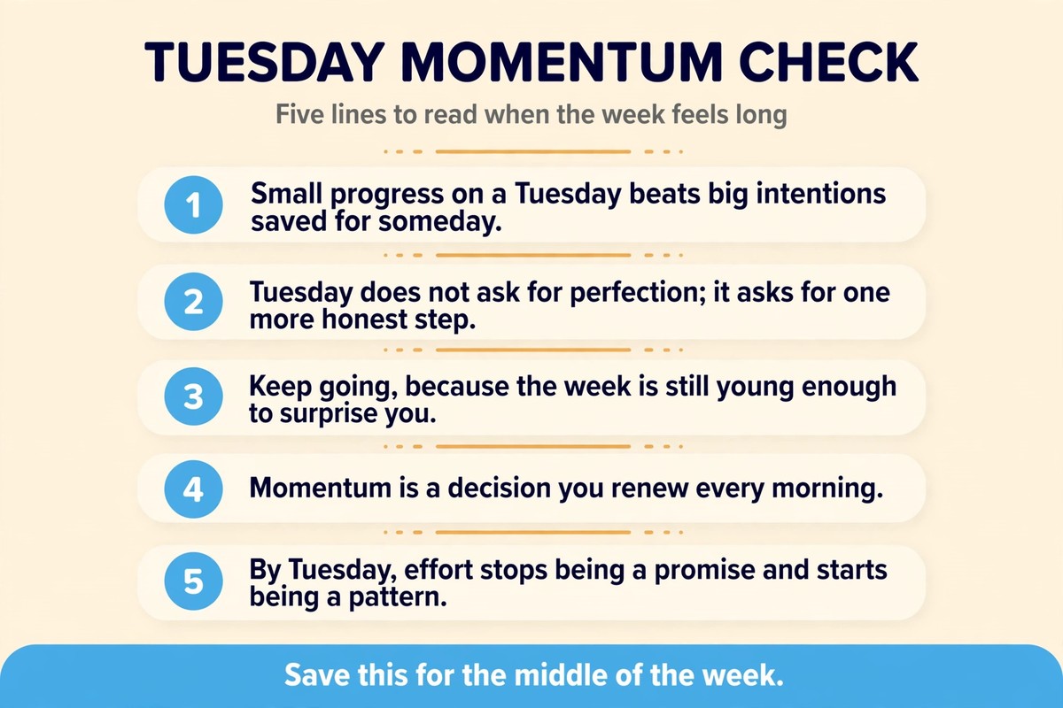 Tuesday momentum check chart with five positive quotes about small progress, honest steps and steady effort