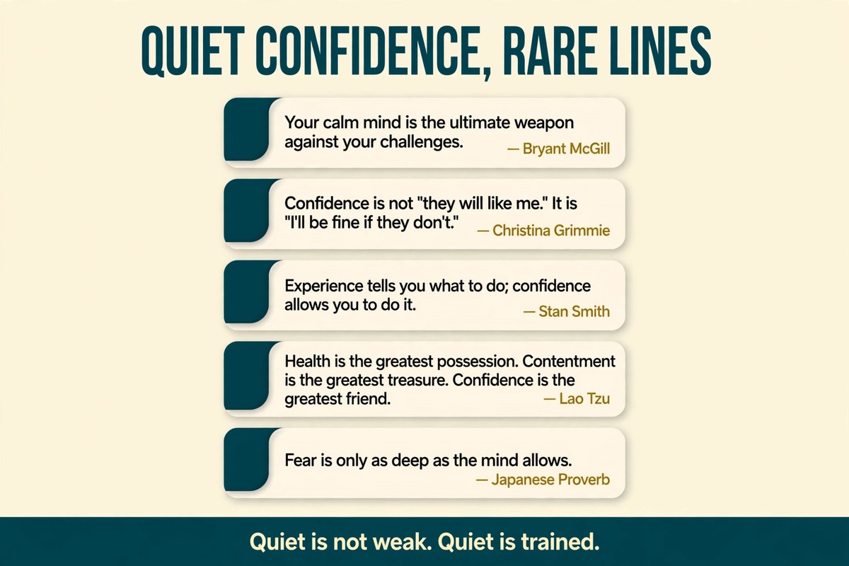 Quiet confidence quotes from Bryant McGill, Christina Grimmie, Stan Smith and Lao Tzu