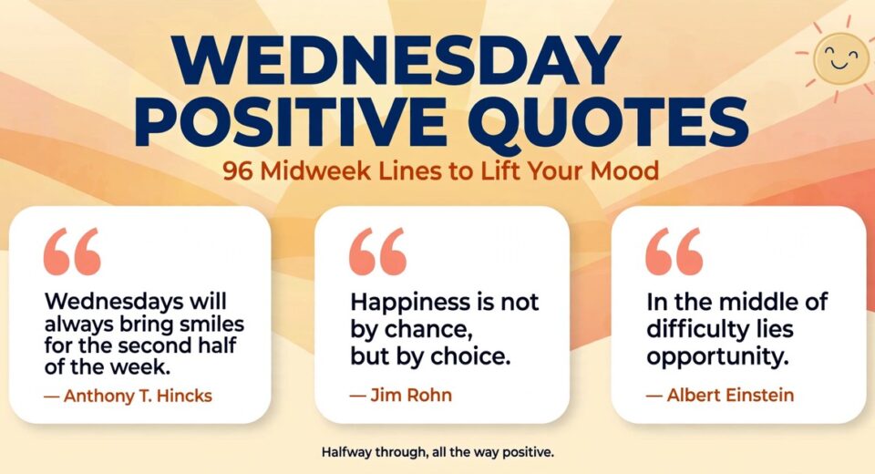 Wednesday positive quotes infographic with midweek mood-lifting lines by Anthony T. Hincks, Jim Rohn and Albert Einstein