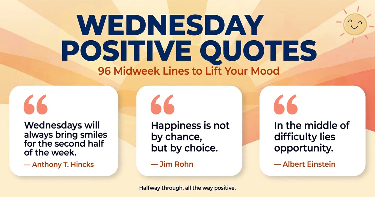 Wednesday positive quotes infographic with midweek mood-lifting lines by Anthony T. Hincks, Jim Rohn and Albert Einstein