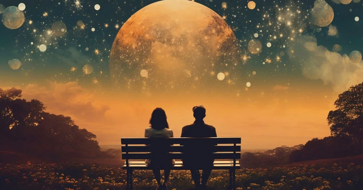 Couple sitting under a glowing moonlit sky with stars